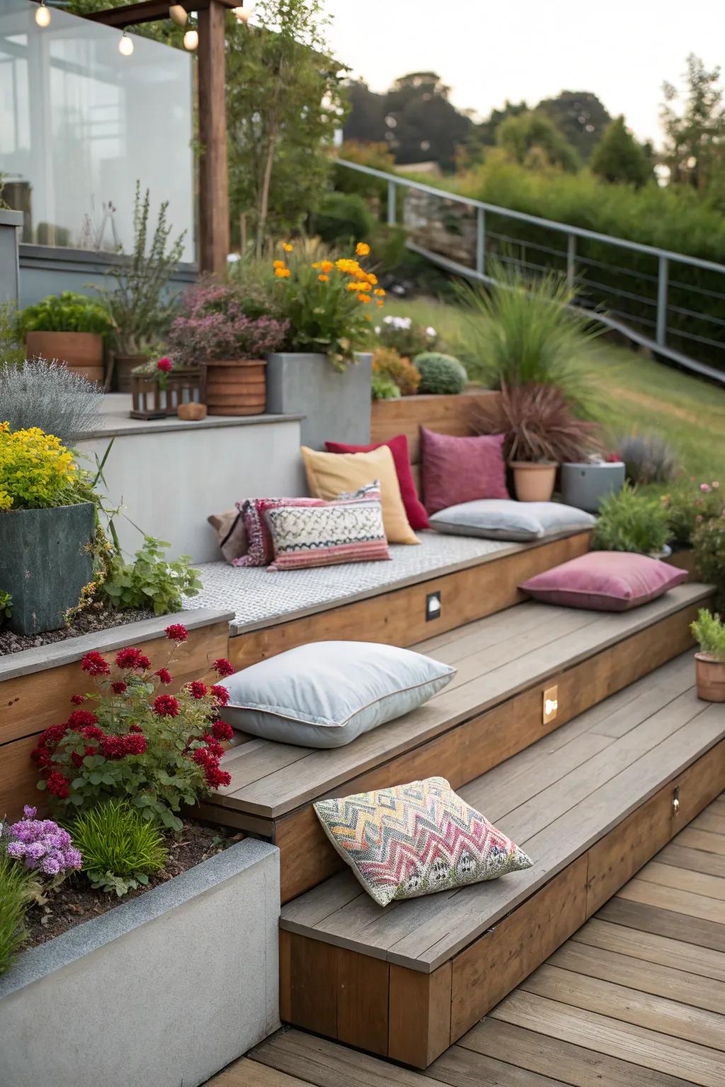 Integrated seating for a relaxing patio experience.