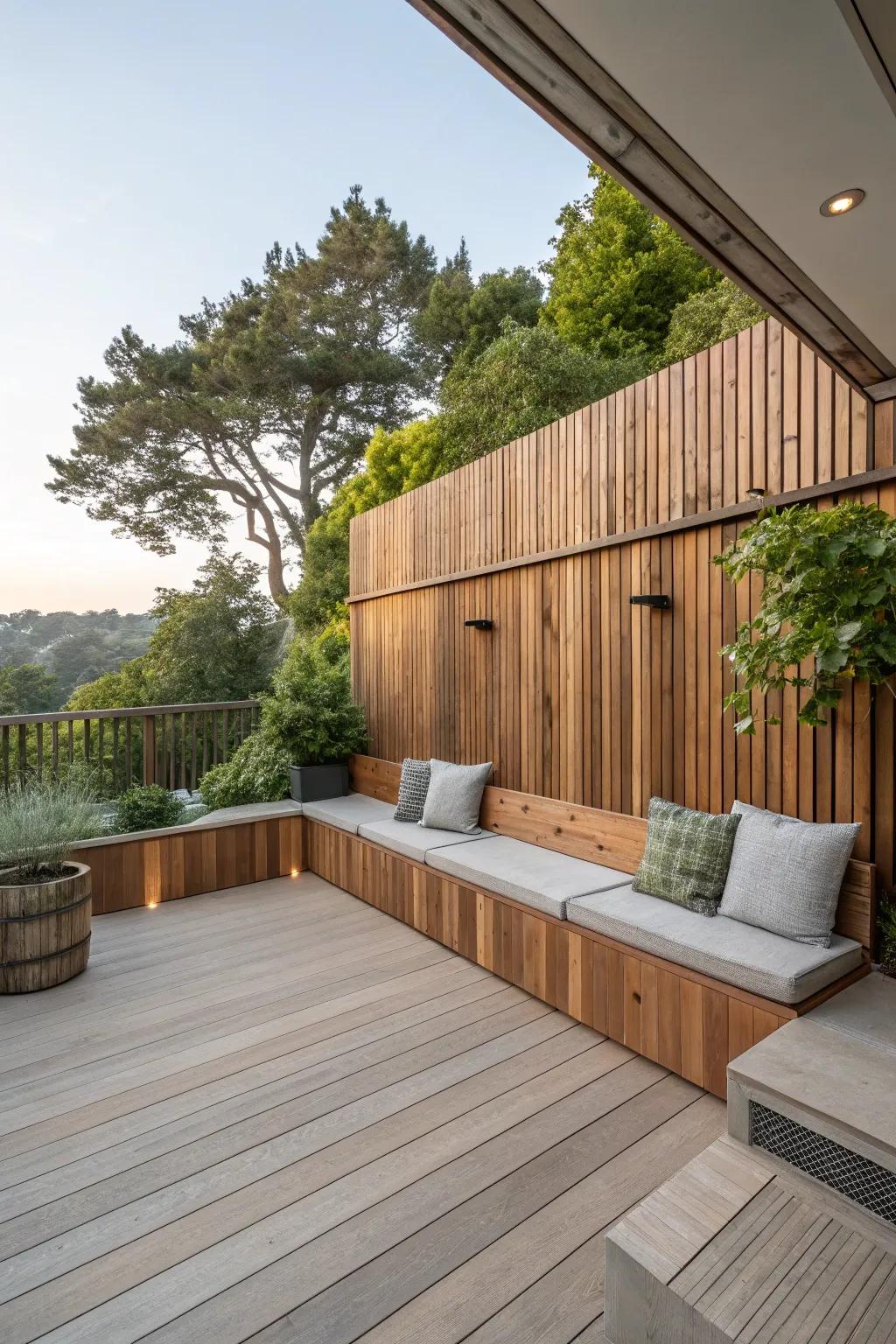 A patio area featuring a wooden wall, as well as integrated seating.