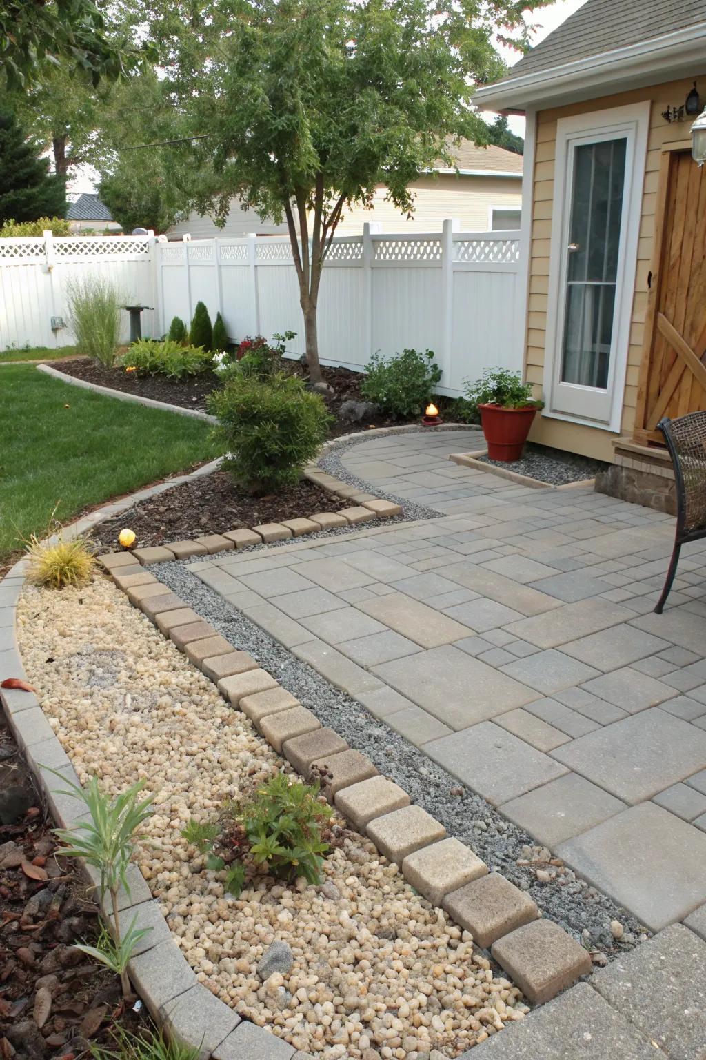 A paver patio paired with decorative gravel, offering a fashionable and low-maintenance solution.