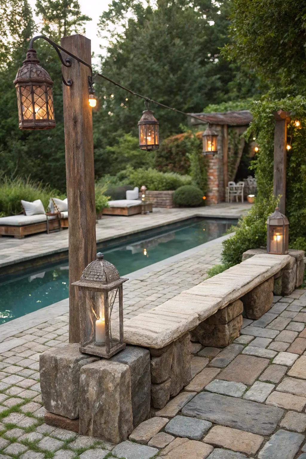 Cobblestone pavers give the poolside a quaint, historical feel.