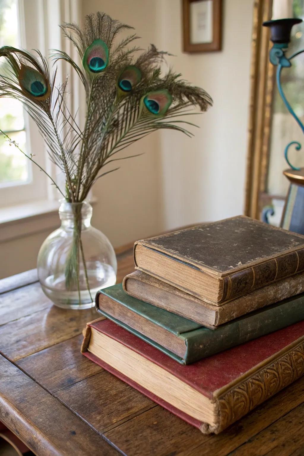A scholarly centerpiece featuring books and peacock plumes.