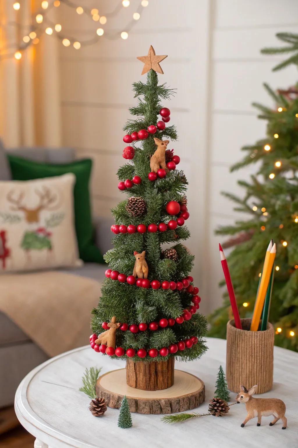 Whimsical woodland theme with animal ornaments on a pencil tree.