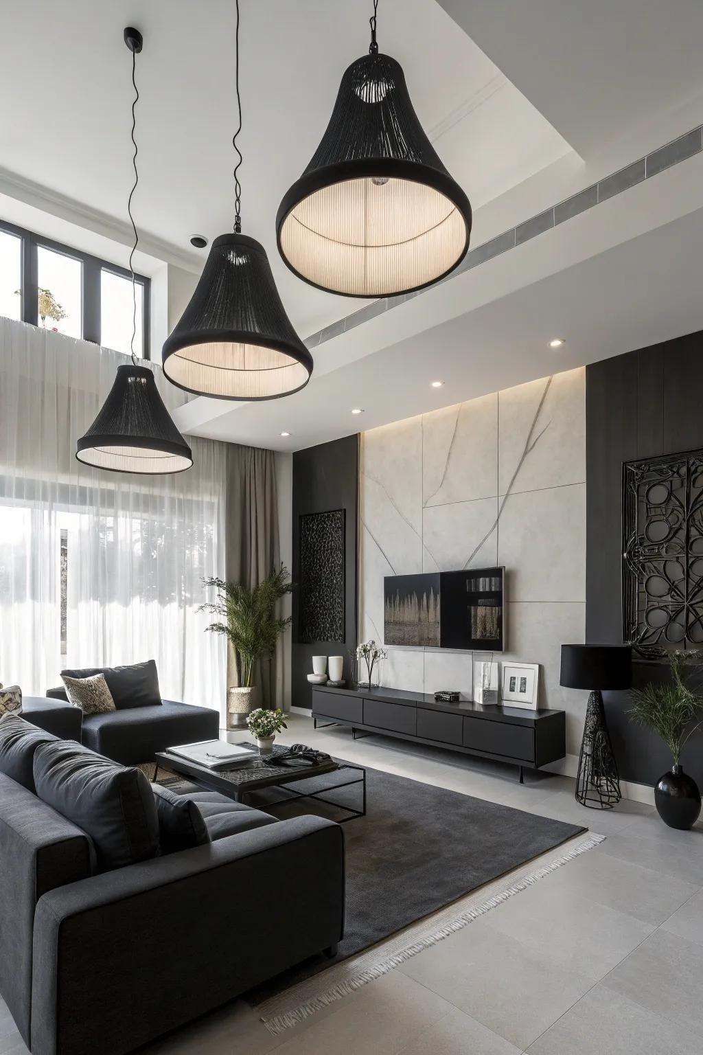 Monochrome pendants offer a sleek, sophisticated touch.