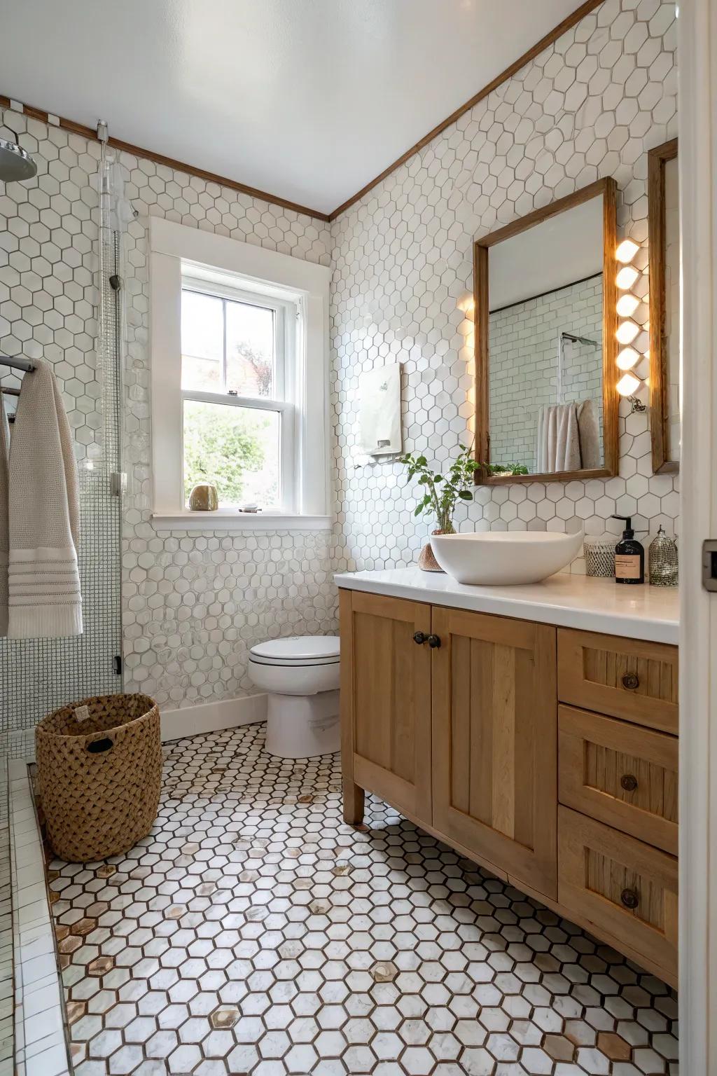 Penny tiles used creatively in unexpected areas of the bathroom.
