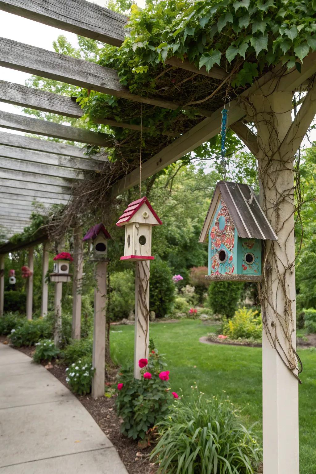 Birdhouses add charm and attract nature's melodies to your pergola.
