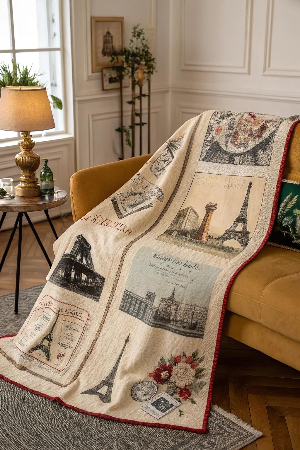 A throw with vintage postcard designs, perfect for adding old-world charm.