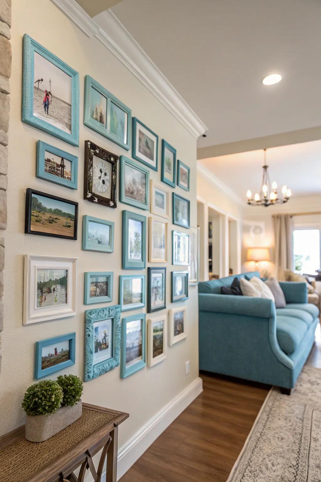A color-themed collage that seamlessly integrates with the room's decor.