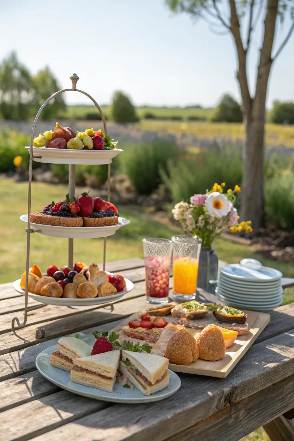 Tiered displays add height and elegance to this beautifully arranged picnic table.