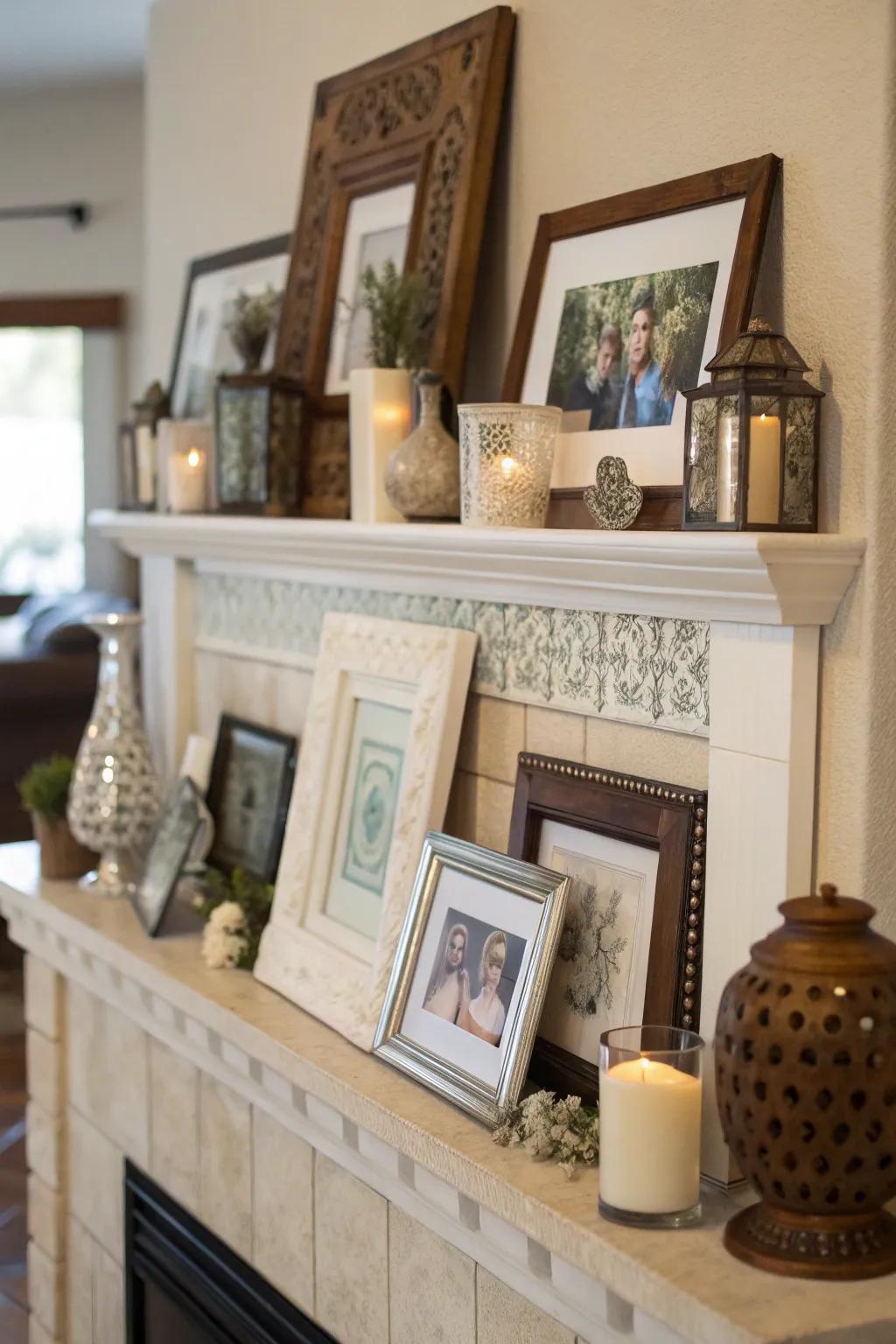 Layering frames on a mantel creates a cozy and visually abundant display.