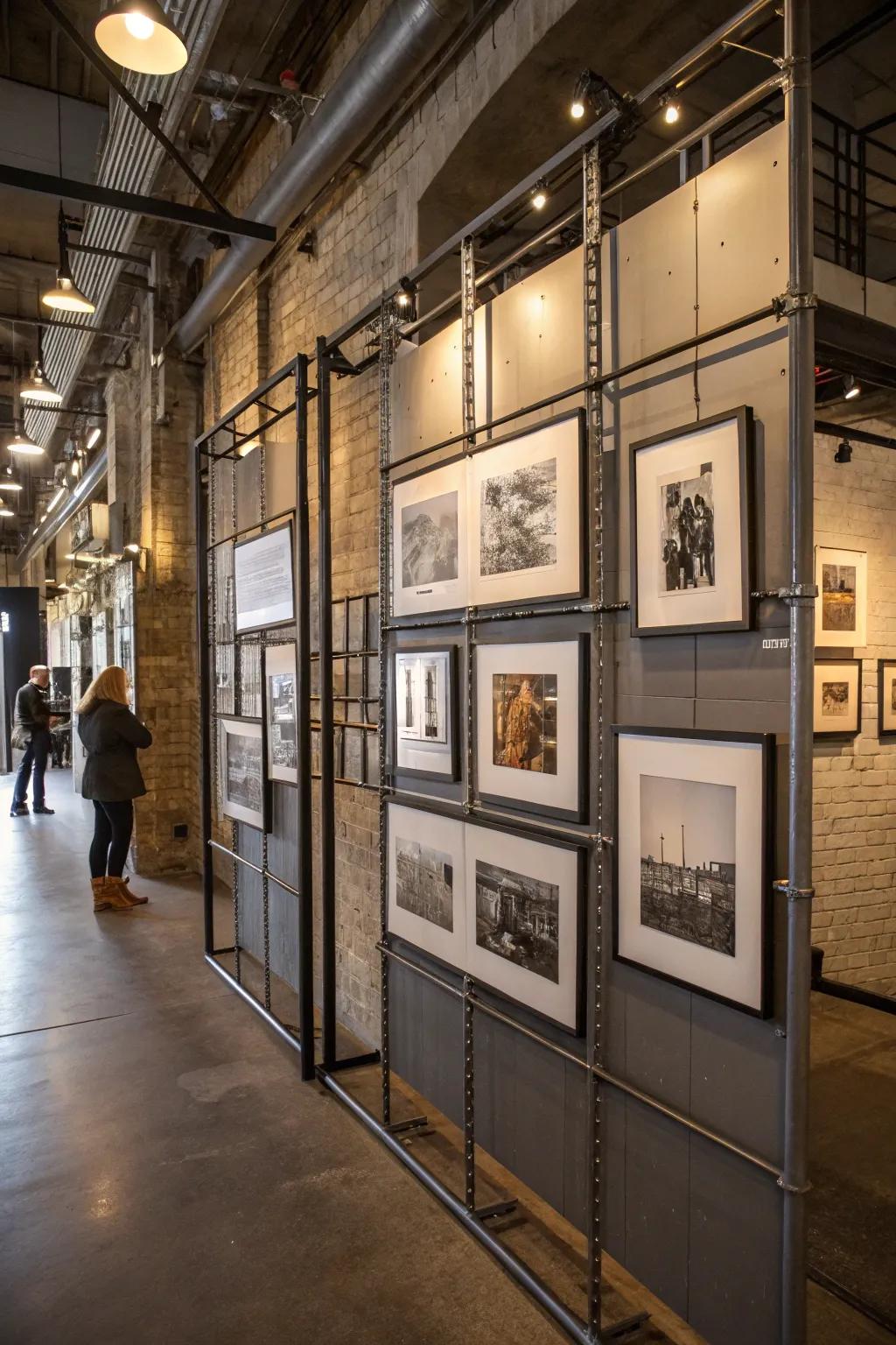 An industrial-style picture wall highlighted by metal frames.