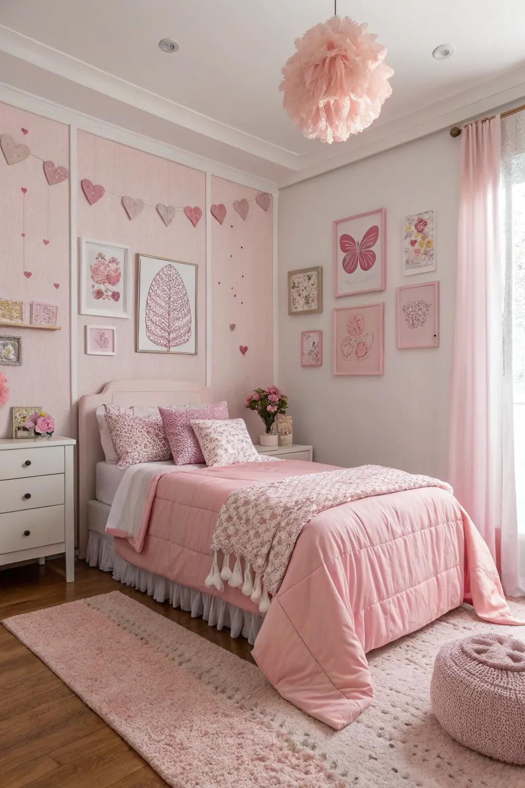 A monochromatic rose design imparts refinement onto this contemporary bedroom.