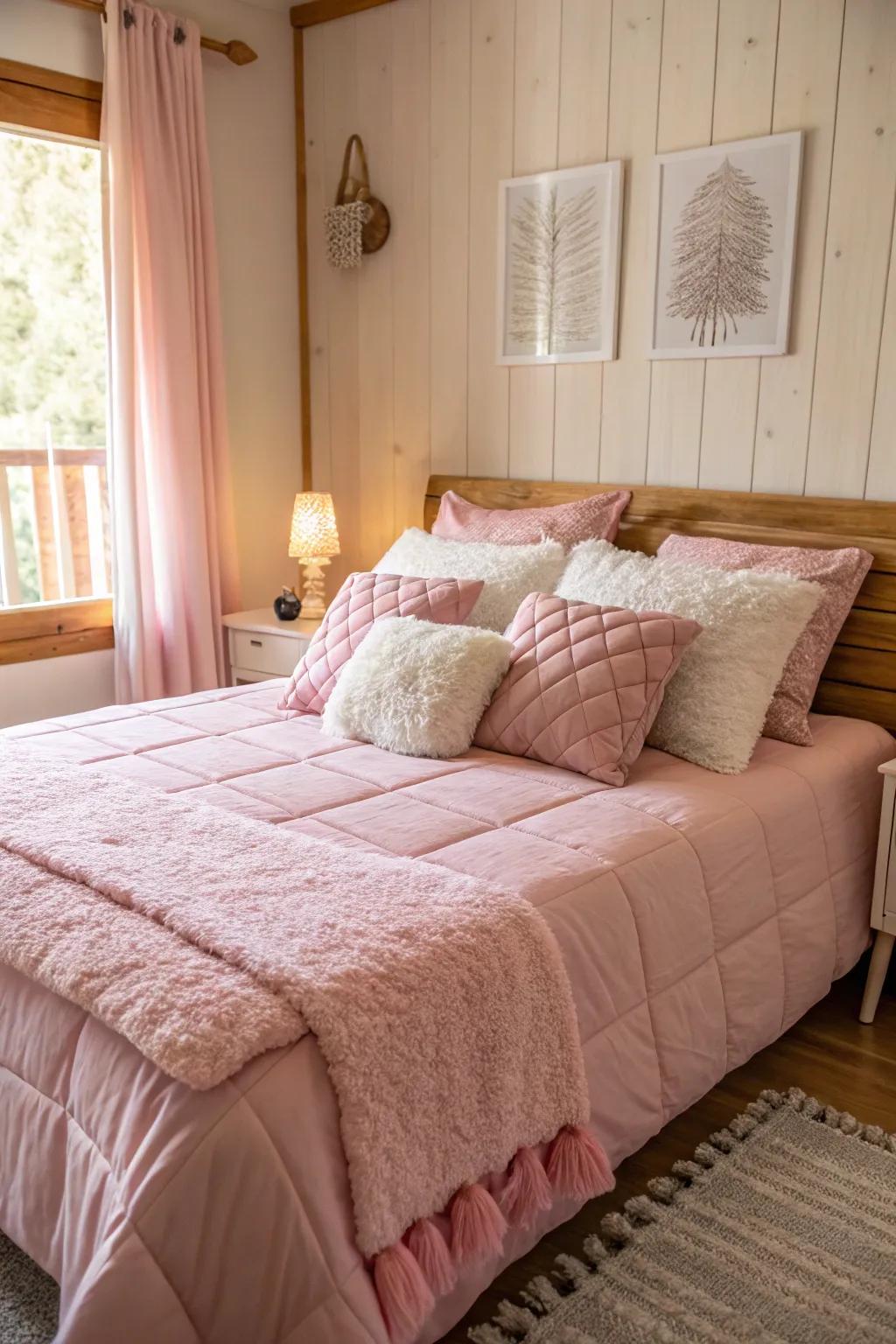 A pink-themed bedroom serving as a tranquil holiday retreat.