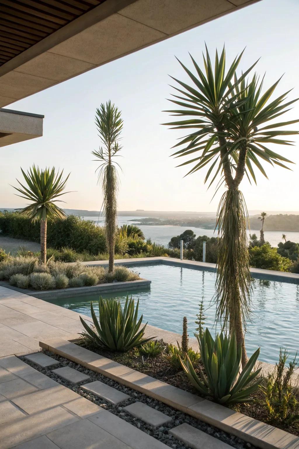 Yucca plants add a dramatic architectural flair.