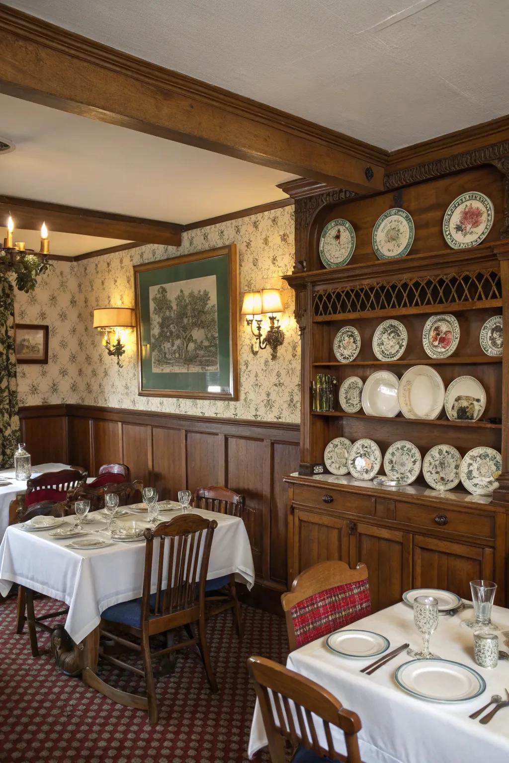 A bygone era-inspired dining sector highlighting a charming plate rail