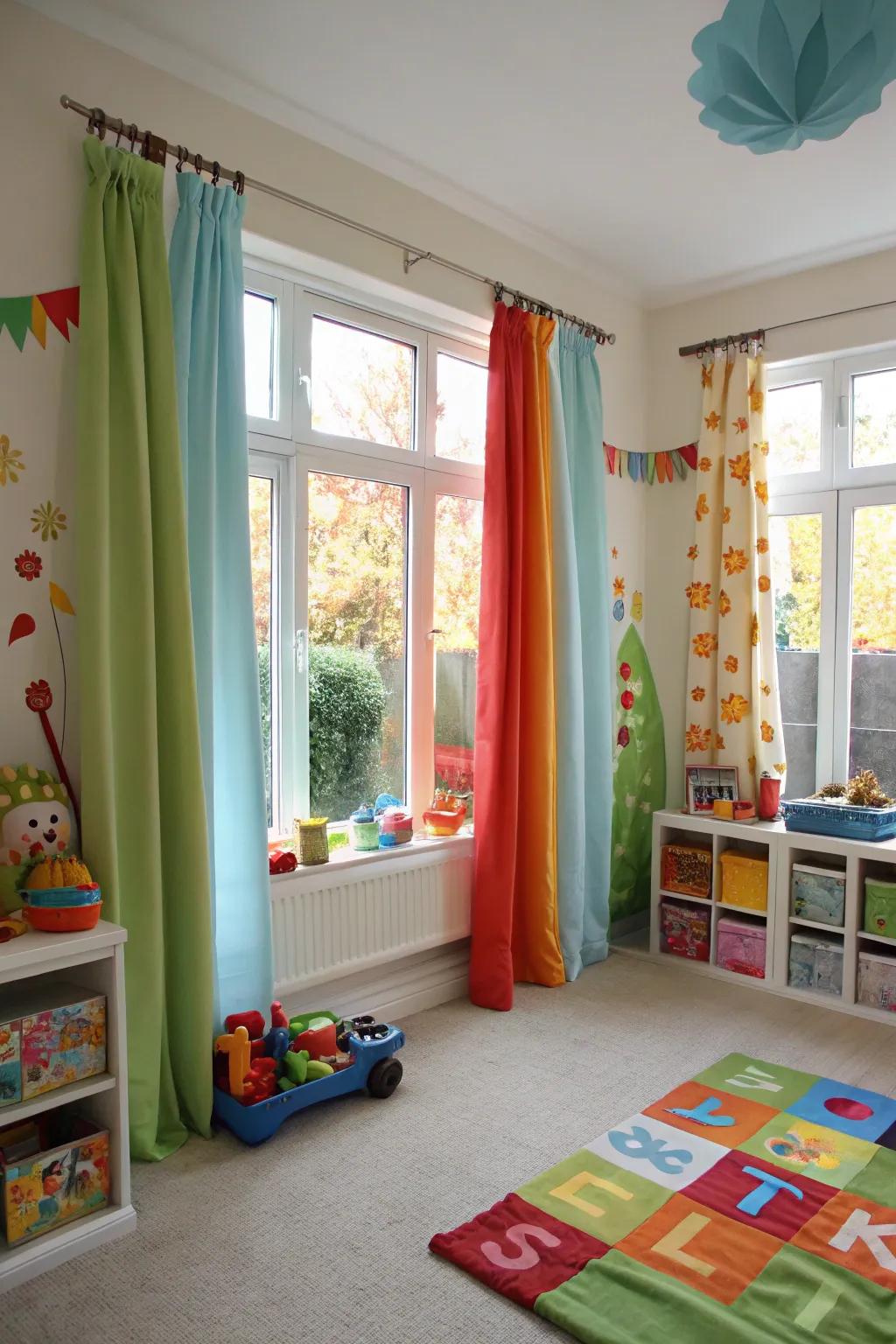 Periodic drape changes keep the playroom fresh and stimulating.