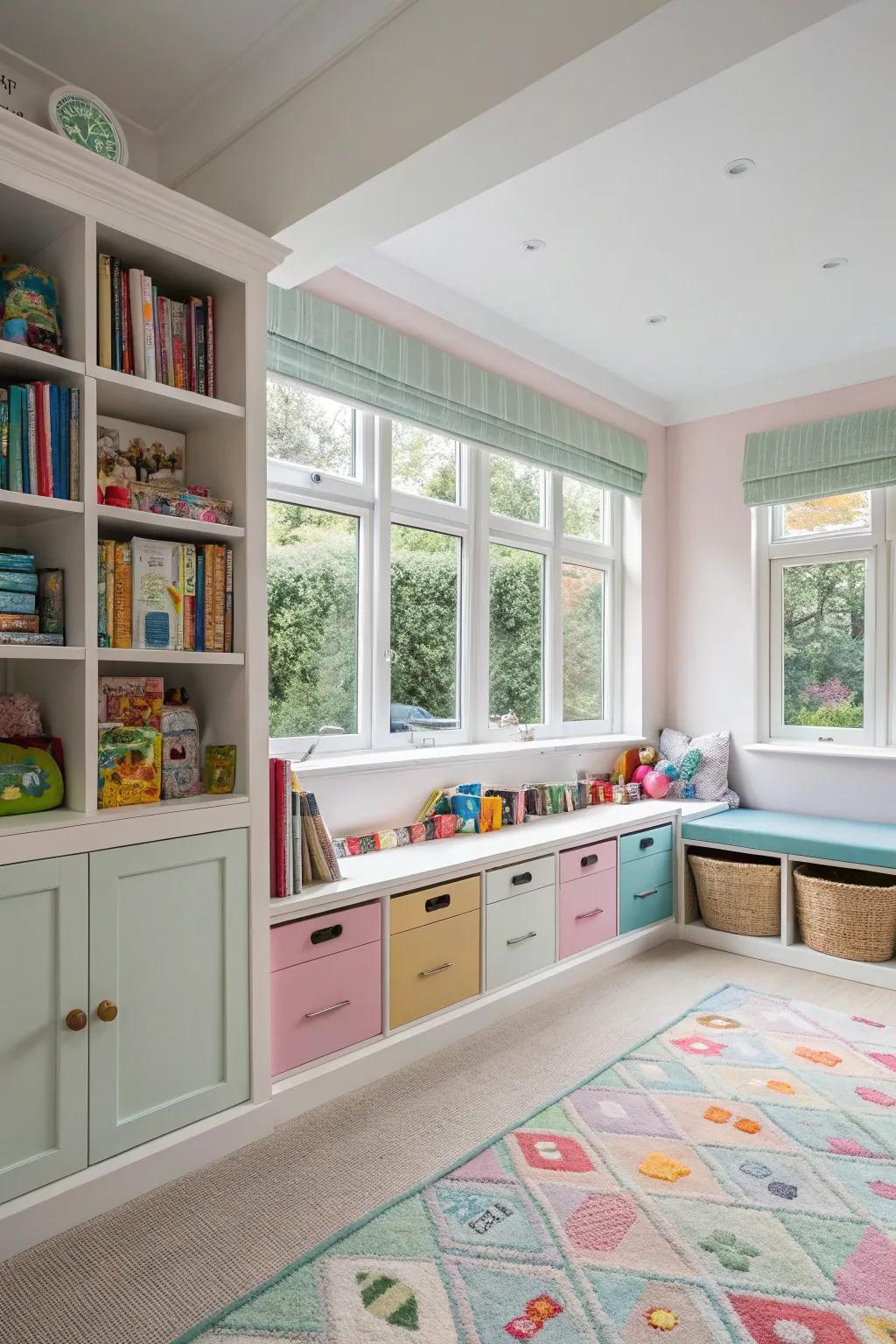 A playroom featuring clever storage solutions.