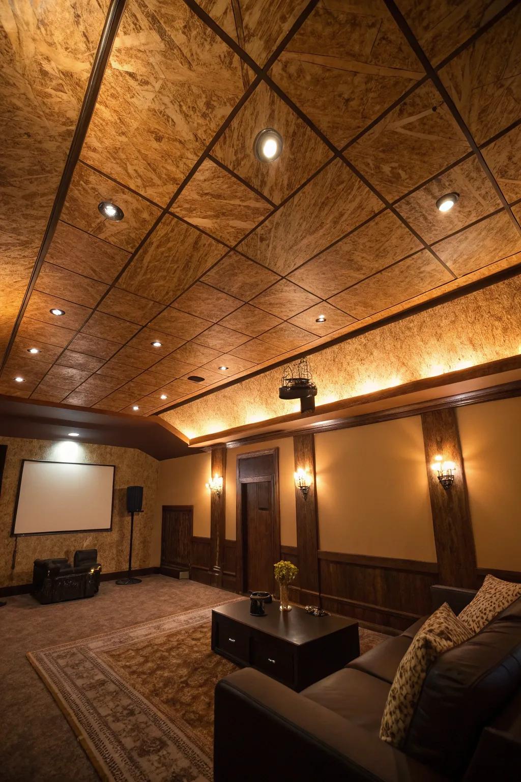 A room where embellishment illumination transforms a plywood ceiling into a magical feature.