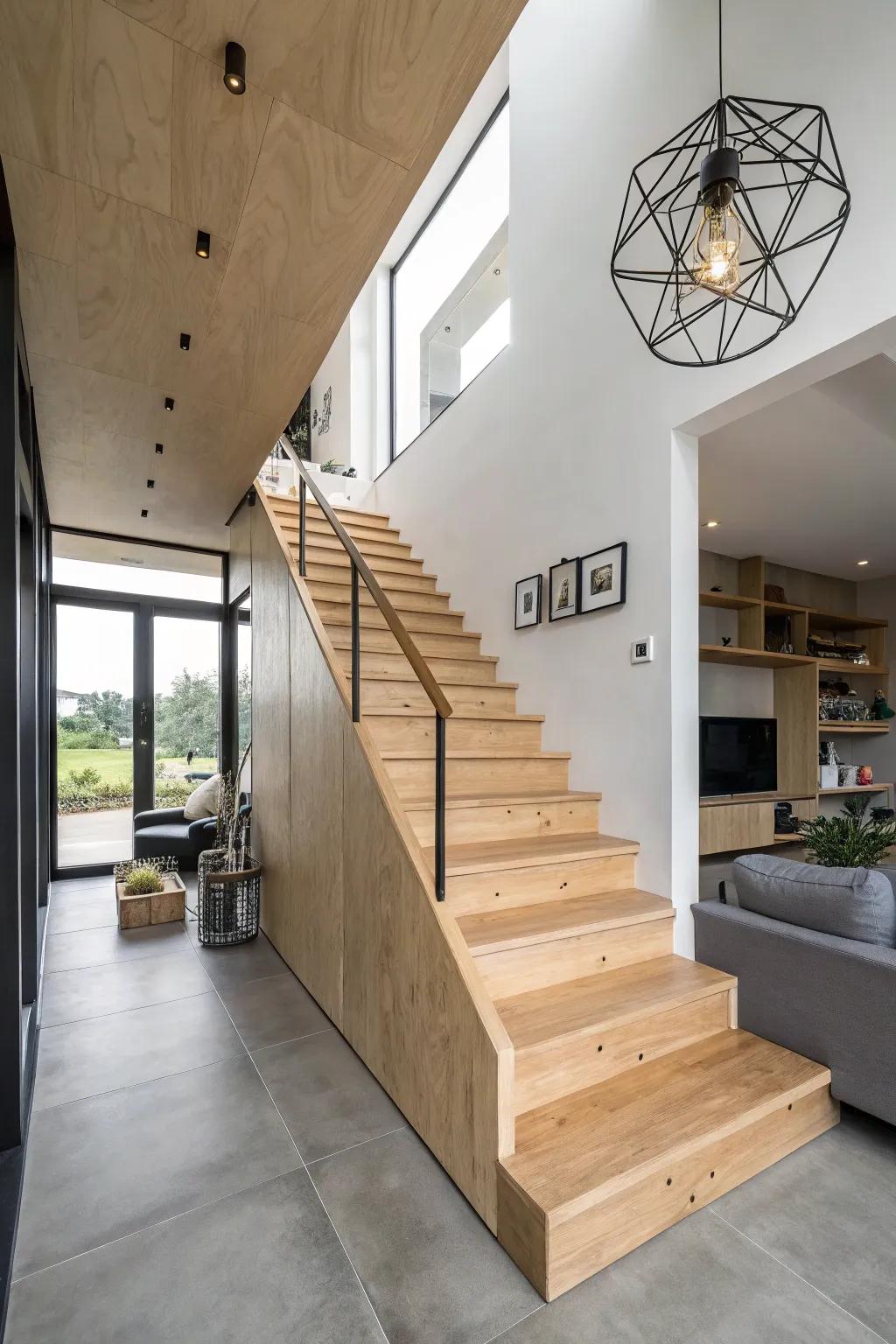 Plywood stairs make a bold statement in this stylish home.