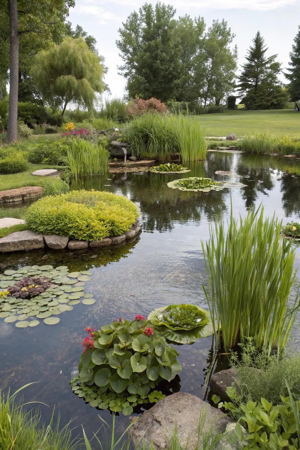 Drifting flora islands bring vibrant interest to a backyard pond.