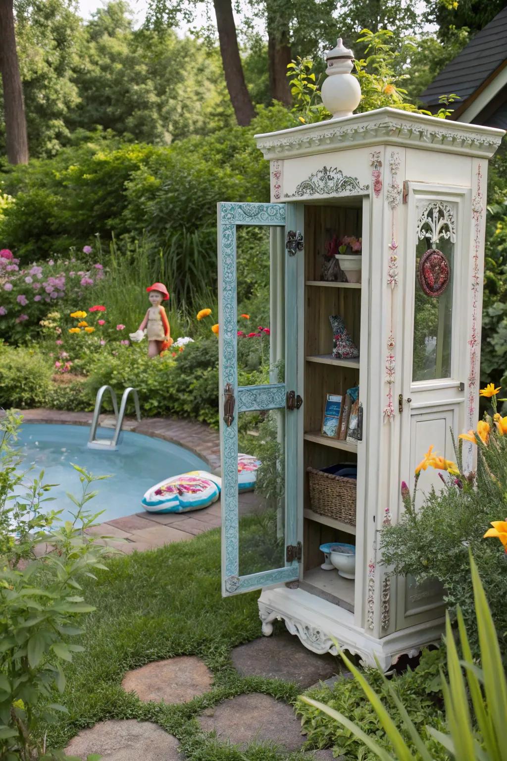 An upcycled cabinet adds a playful element to the yard.