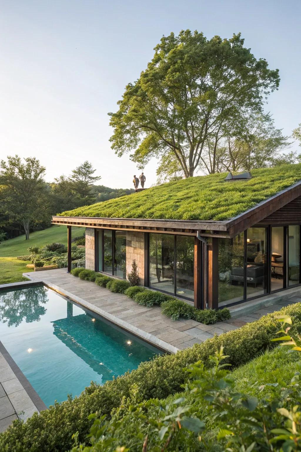 A pool house exhibiting a viable green canopy.