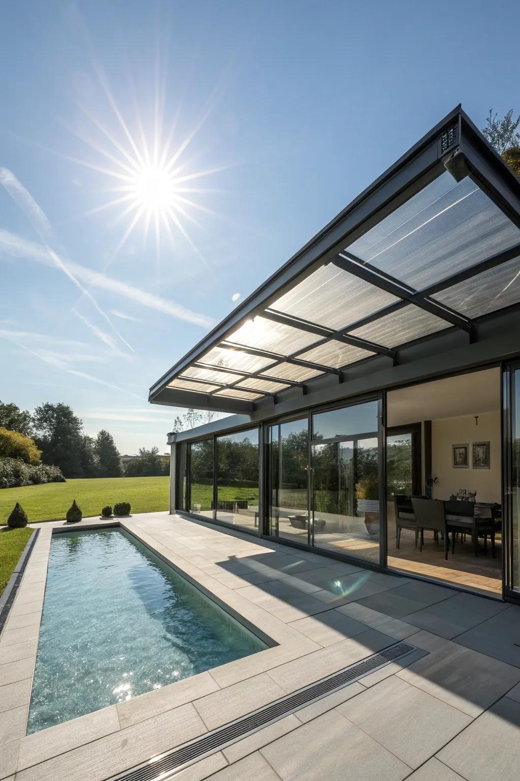 A convertible pavilion with a retractable roof offers adaptability for any weather.