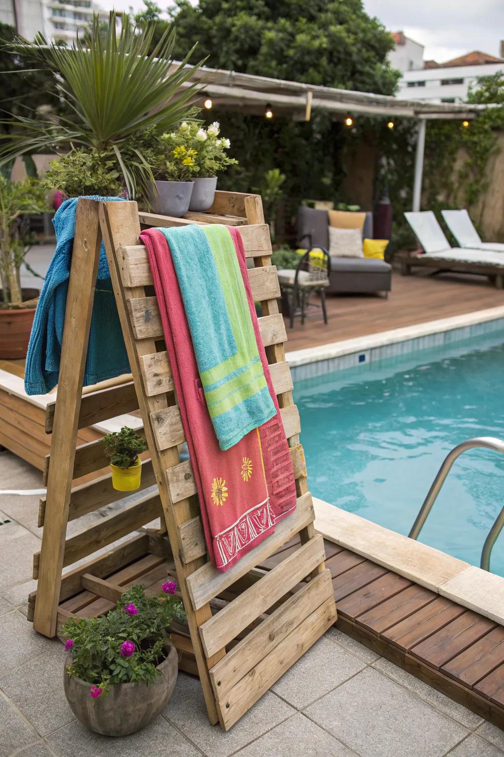 Countryside DIY pallet rack for creative towel storage.