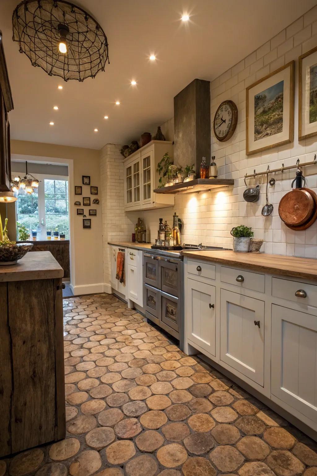 End grain timber pieces deliver a distinctive and textured appearance to cooking area floors.