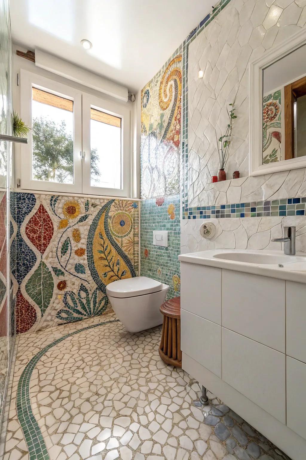 Mosaic tiles bring a touch of artistry and creativity to this vibrant bathroom space.