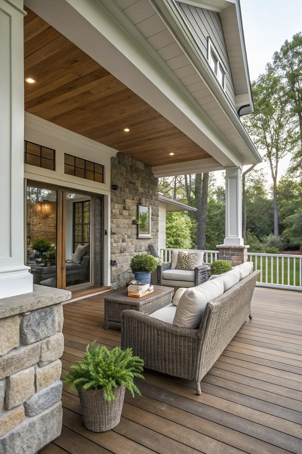 A transitional design knee wall that unites indoor and outdoor spaces.