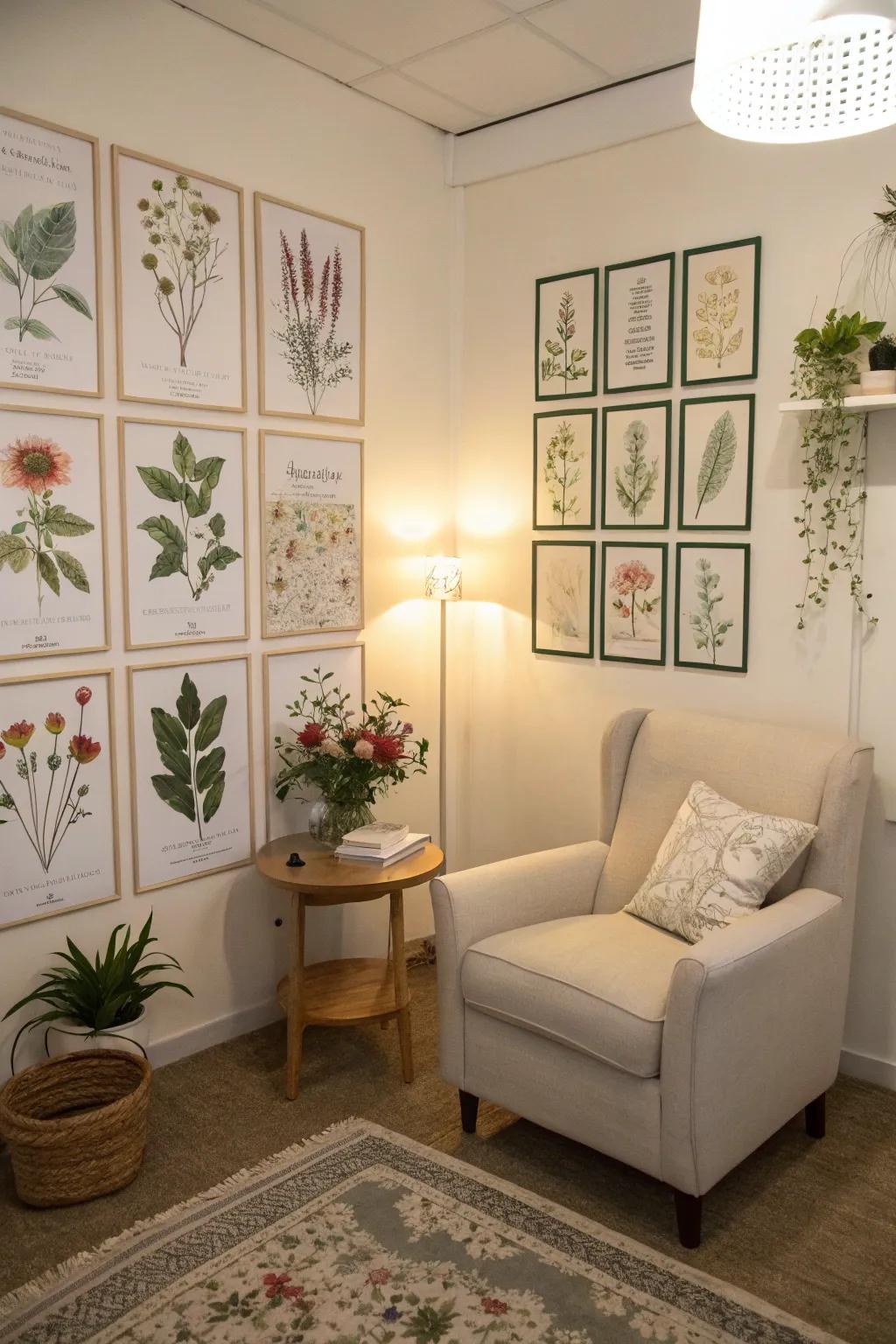 A calming room adorned with beautiful botanical posters.