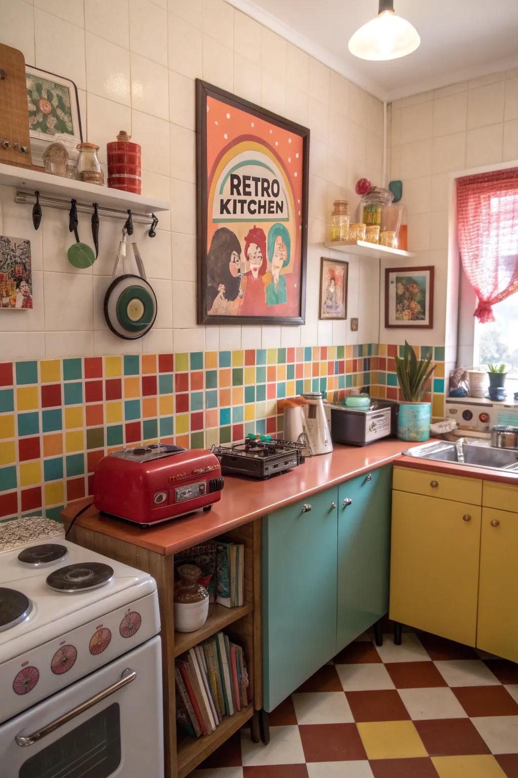 A retro name poster imparting nostalgia to a lively kitchen.