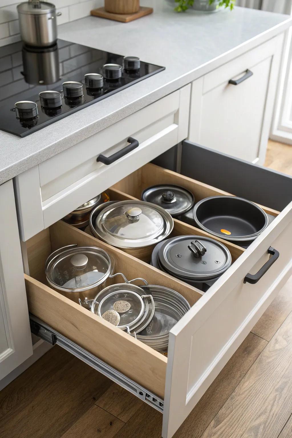 A dedicated drawer ensures pot lids remain organized and concealed.