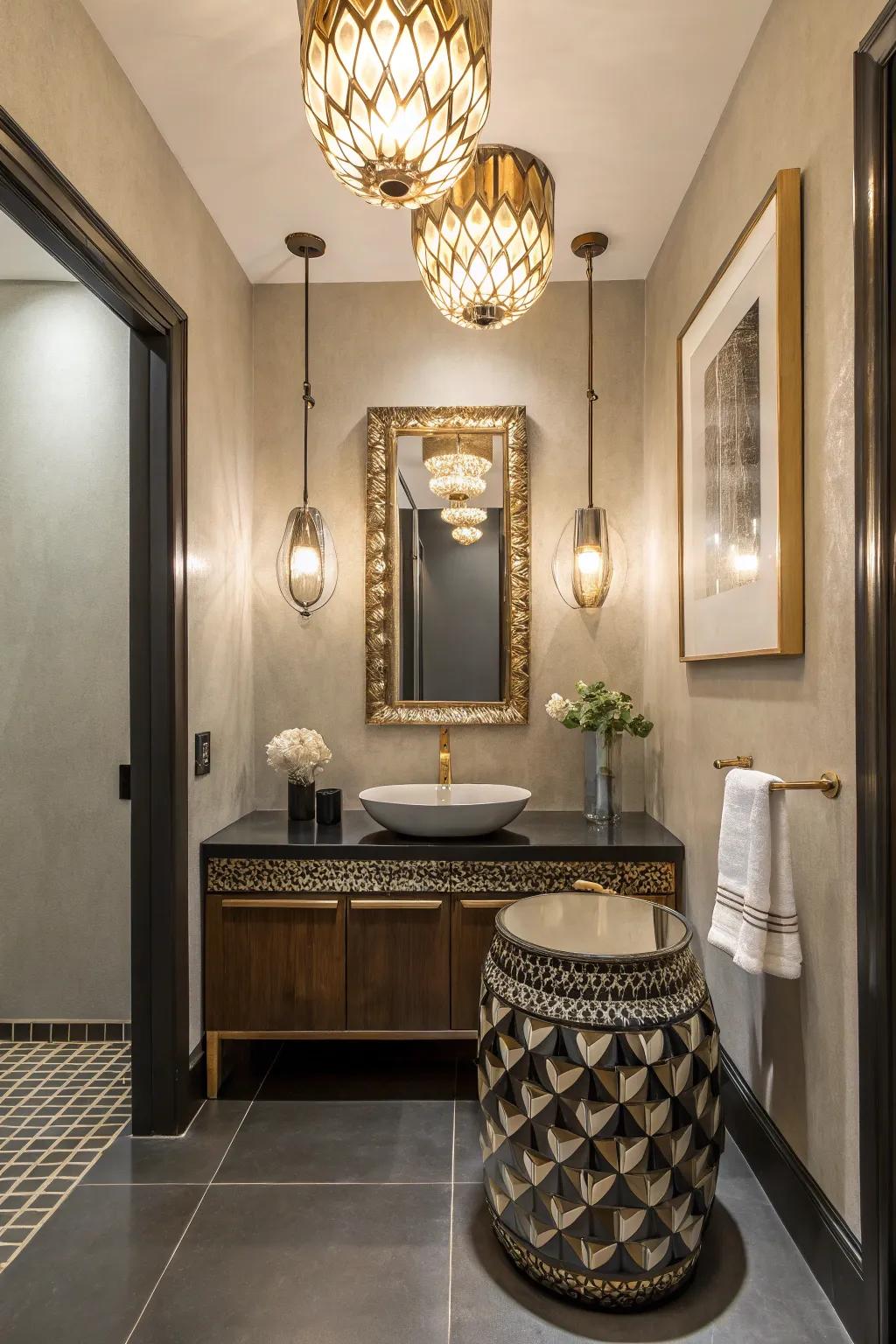 A half-bath featuring striking fixtures that draw the eye.