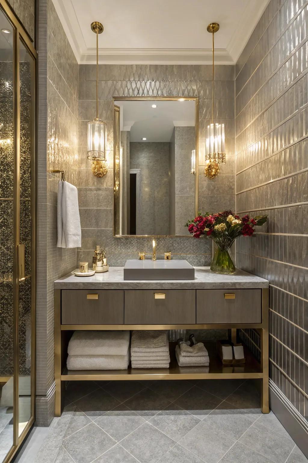 Metallic tiles add a touch of glamour and surprise.