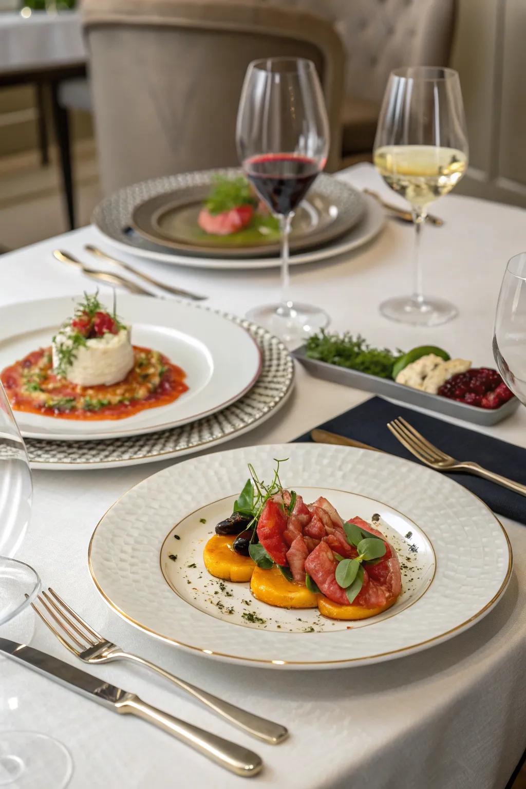 A dining arrangement with gourmet dishes, highlighting innovative presentation and high-end ingredients.
