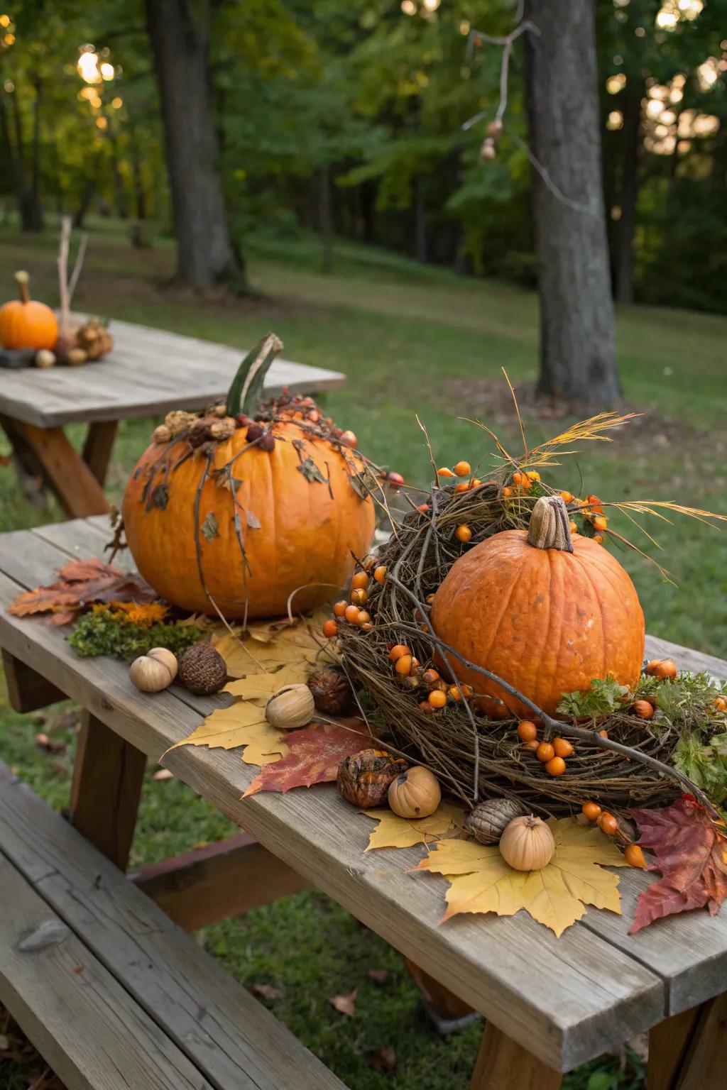 Outdoor pumpkins with a rough charm.