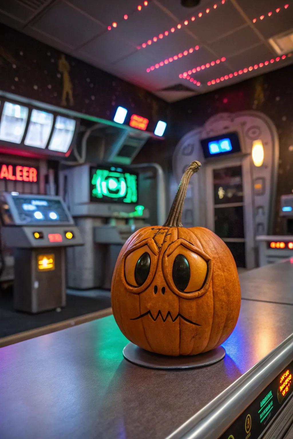 A quirky alien pumpkin bringing otherworldly fun to Halloween decor.
