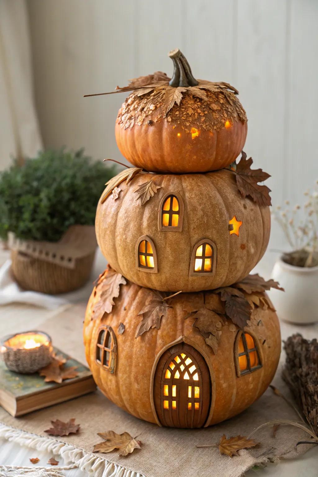 Embrace the enchantment of autumn with this alluring two-story pumpkin fairy residence, an impeccable amalgamation of minimalist elegance and bohemian whimsicality. 🍂🏡✨