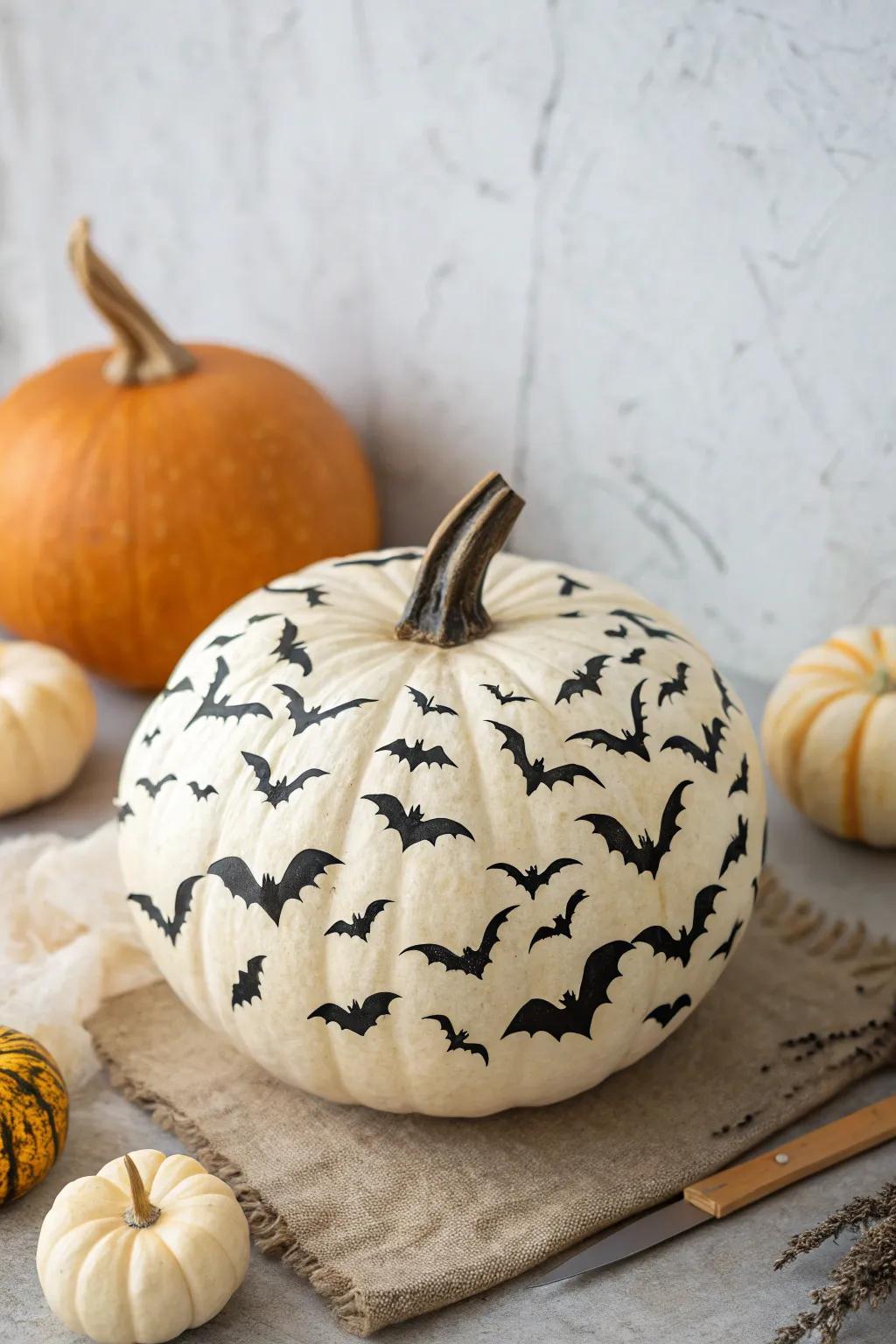 Elevate your Halloween decor with this chic and spooky bat-adorned pumpkin, perfect for a minimalist aesthetic!