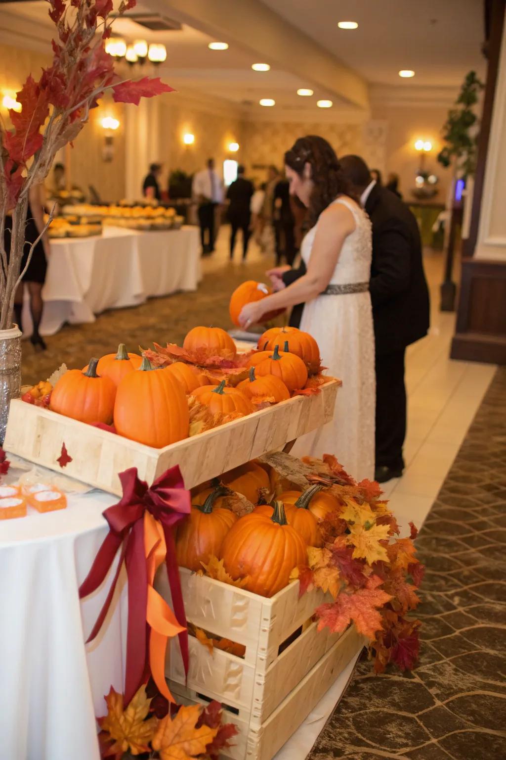 A charming favor station featuring gourds for guests.