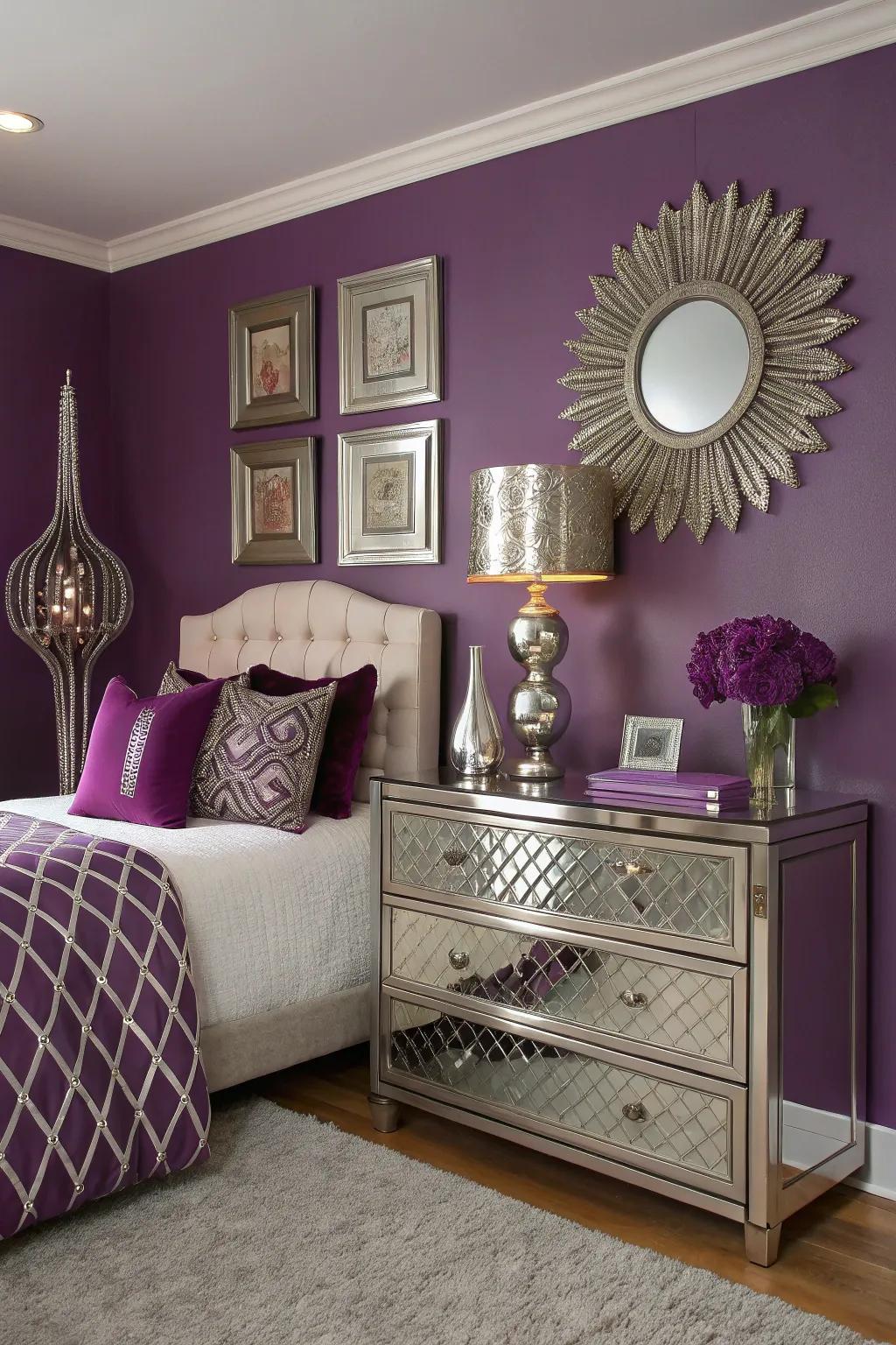 Refined metallics adding glamor to violet walls.