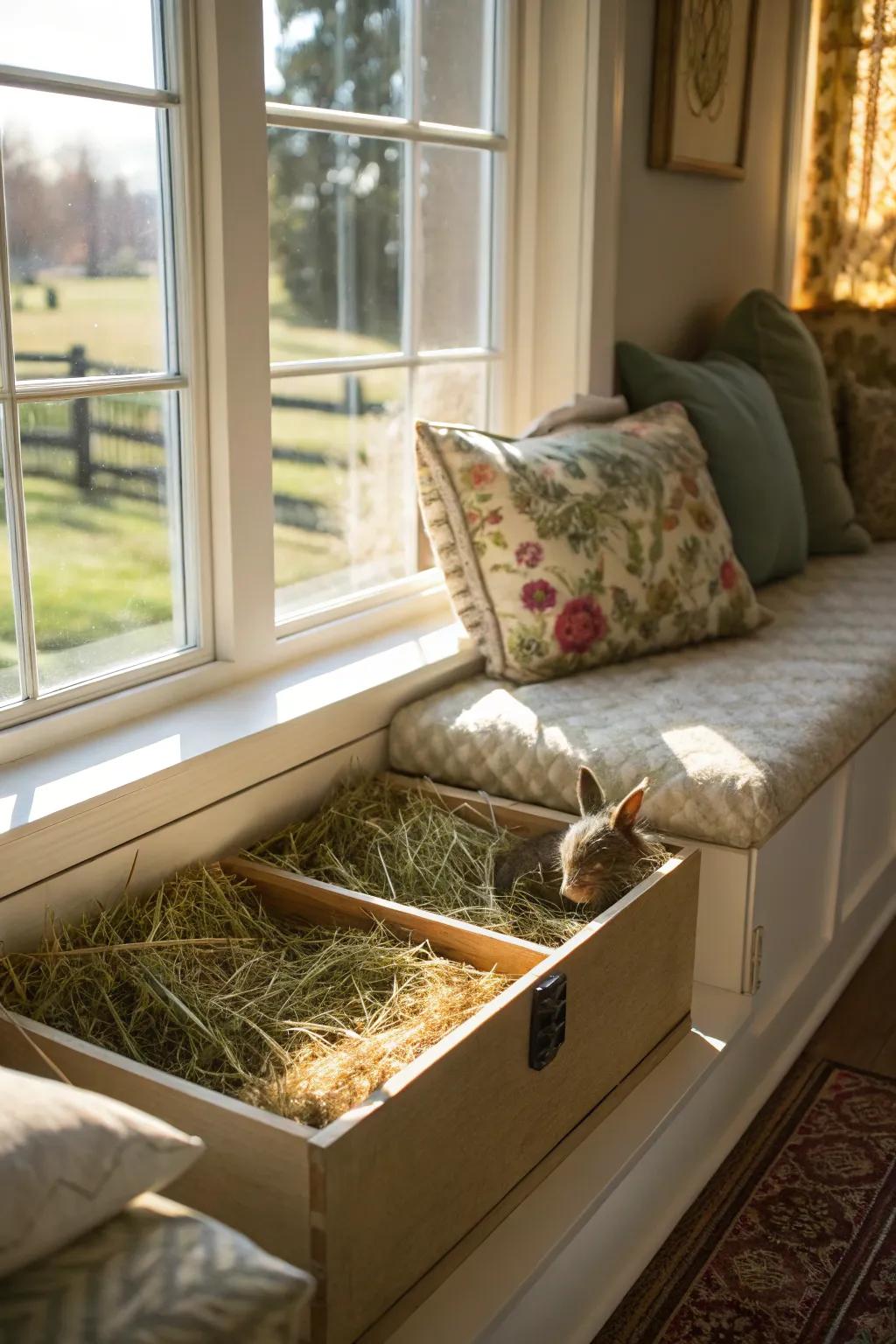 A window-side nook features concealed stash for rabbit hay.