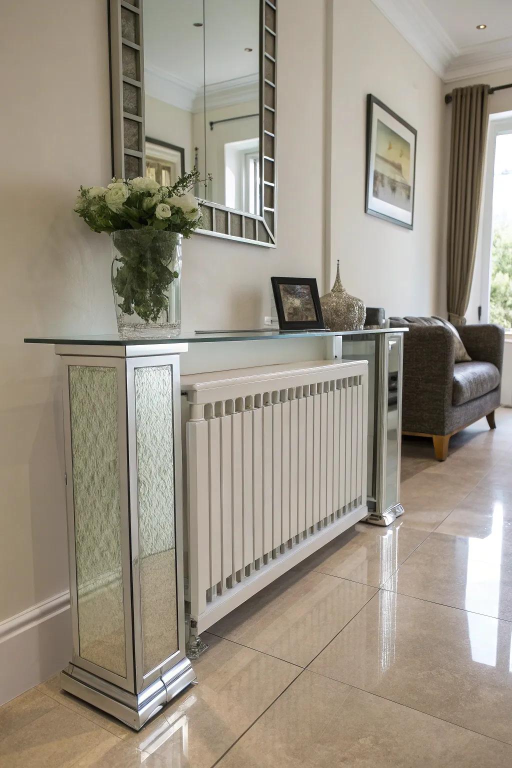 A glass-topped radiator enclosure accentuates contemporary sophistication.