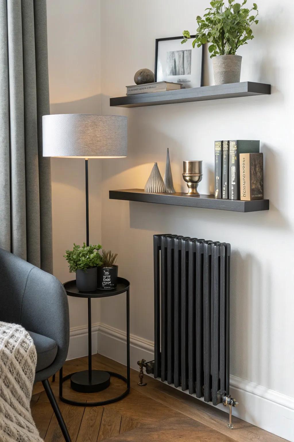 A suspended shelf constitutes a modern, ethereal addition to your radiator ensemble.