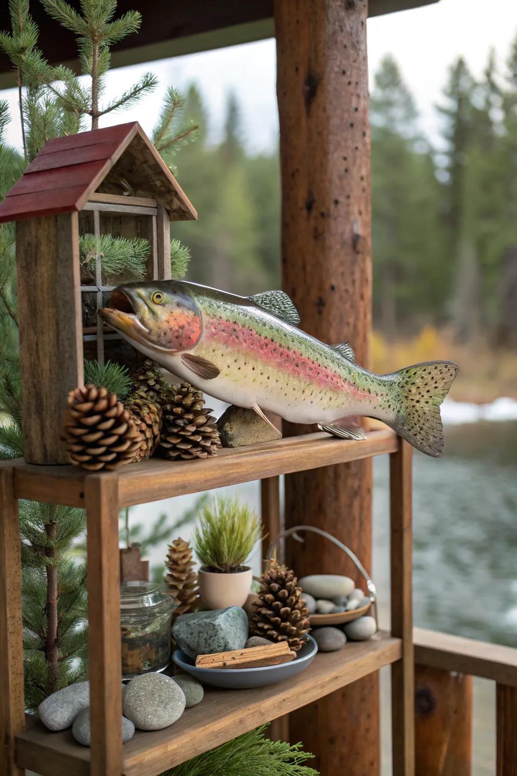 Nature-inspired racking with a rainbow trout creates a nature-themed decor.