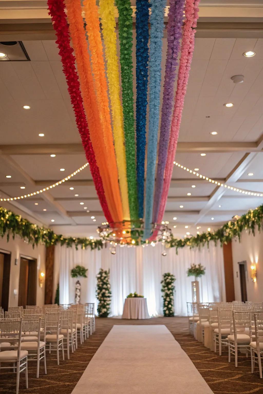Rainbow garlands cascade through a wedding venue, bringing joy to every corner.