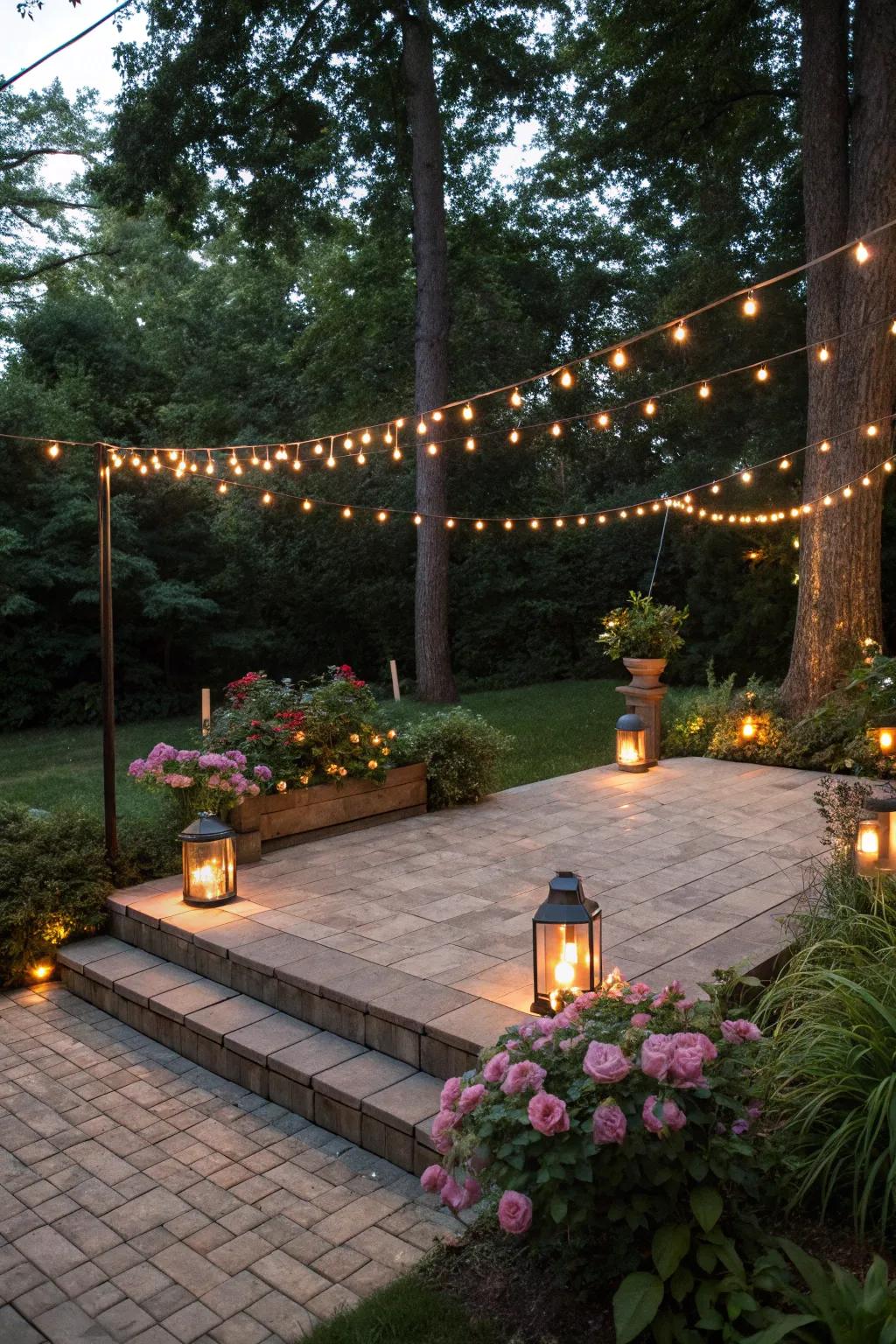 Imaginative illumination dictates the patio's atmosphere.