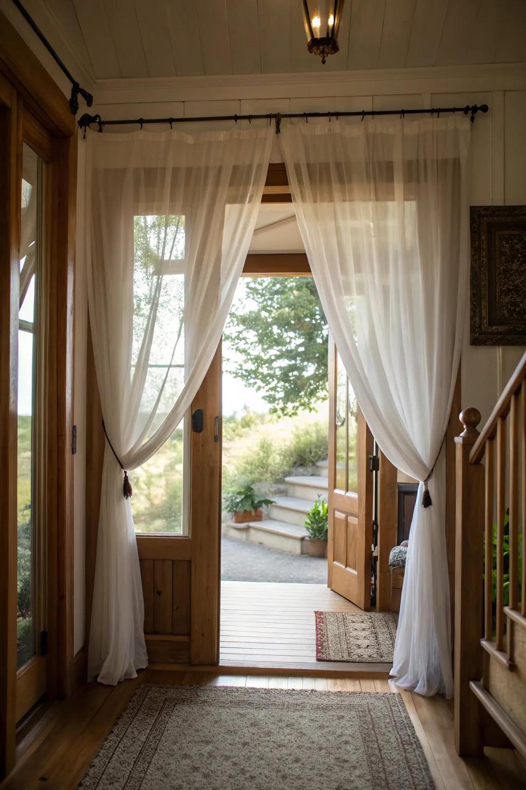Sheer curtains let in lots of natural light, which makes the entrance area feel bright and open.