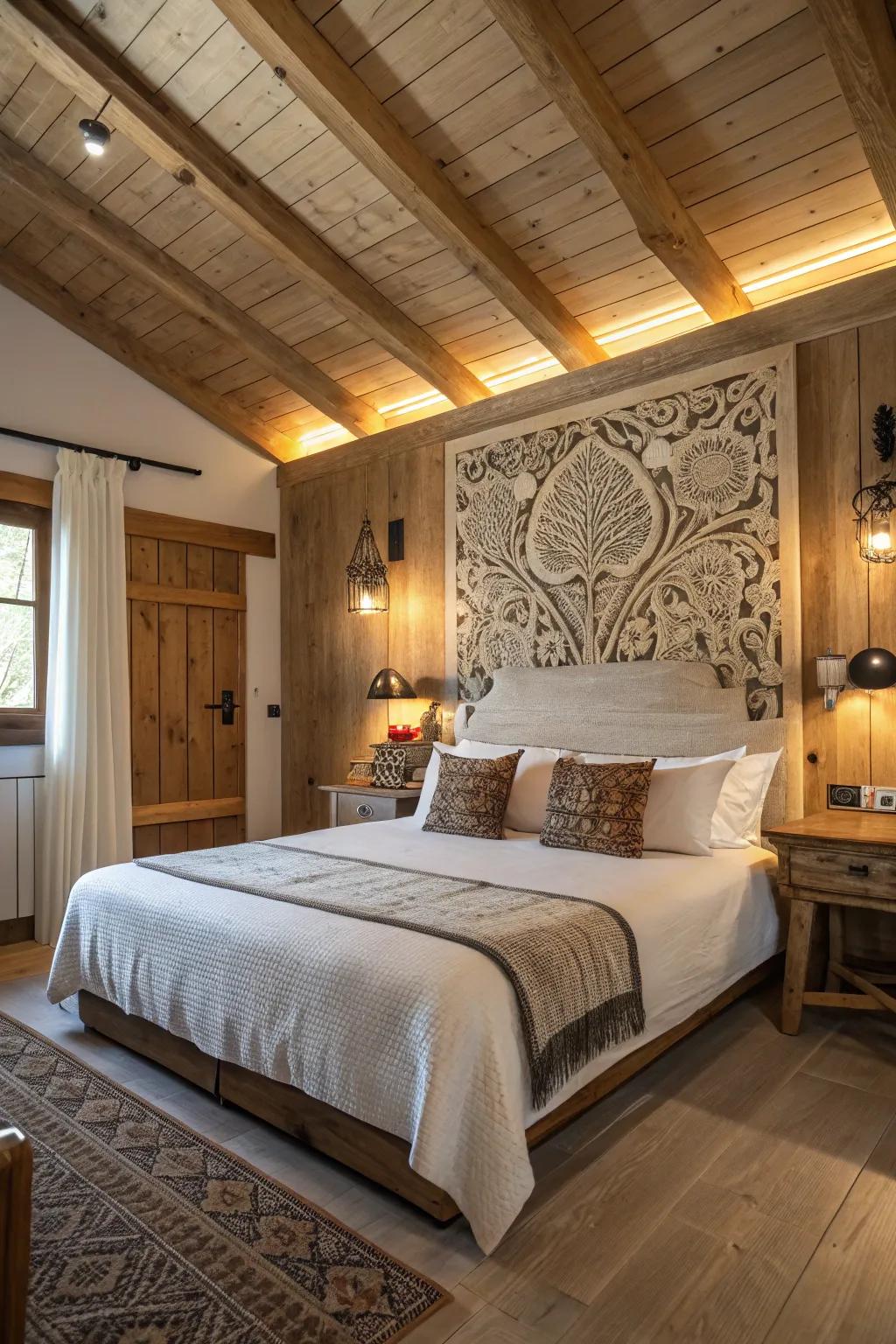 A countryside bedroom showcasing a large statement headboard.